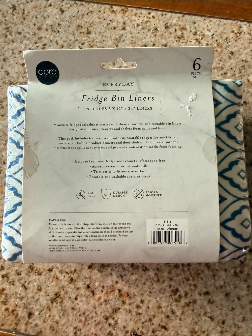 Core Home 6-Piece Reusable Fridge Bin Liners | Washable Shelf Drawer Mats | NIP